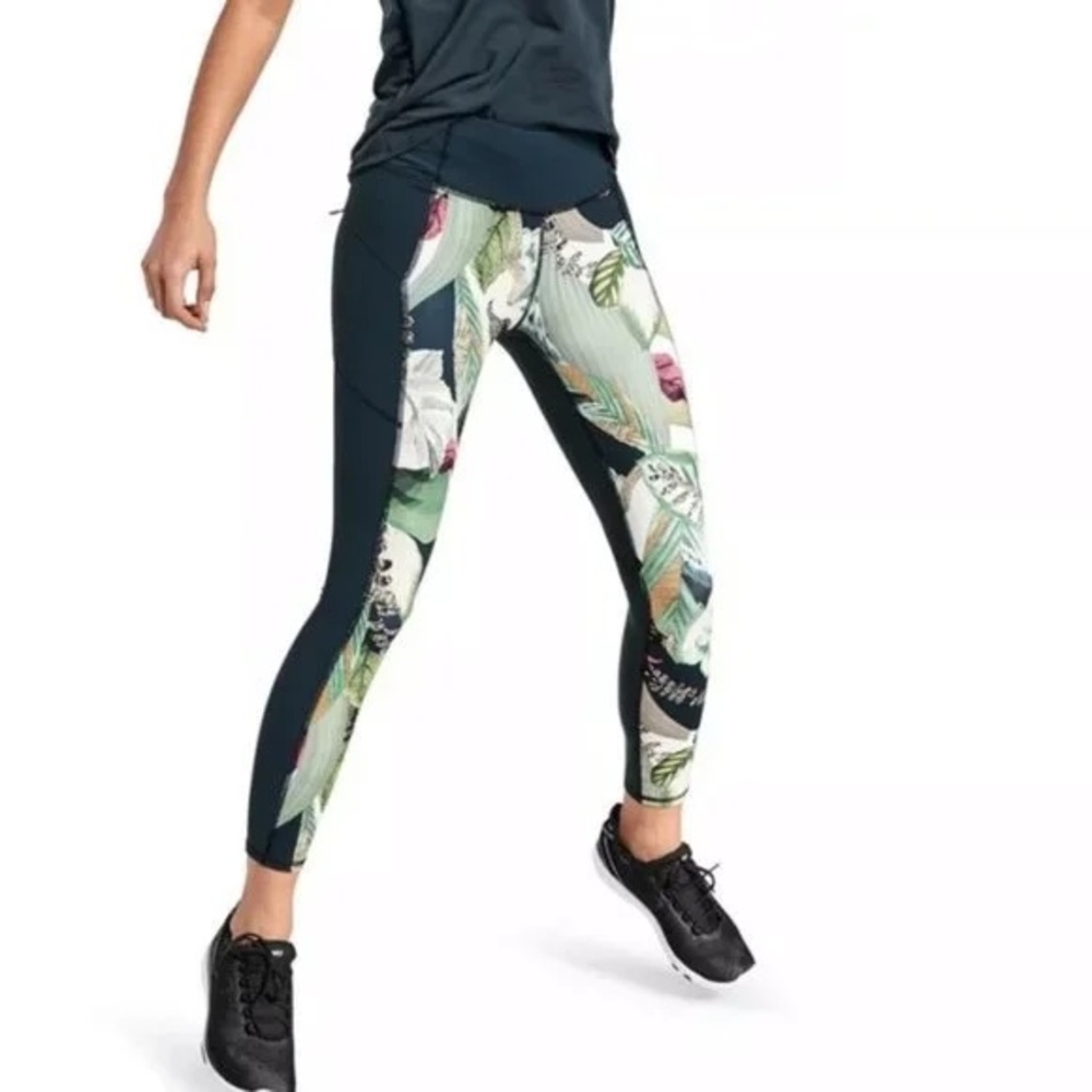 Athleta Oasis Contender Leggings Teal Floral Pattern EUC Women’s Size - M